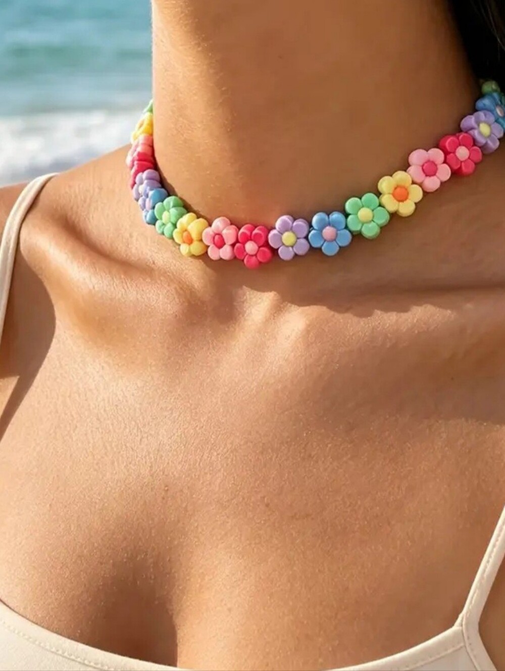 Pastel Multi-Flower Bead Choker Necklace - Women Jewelry